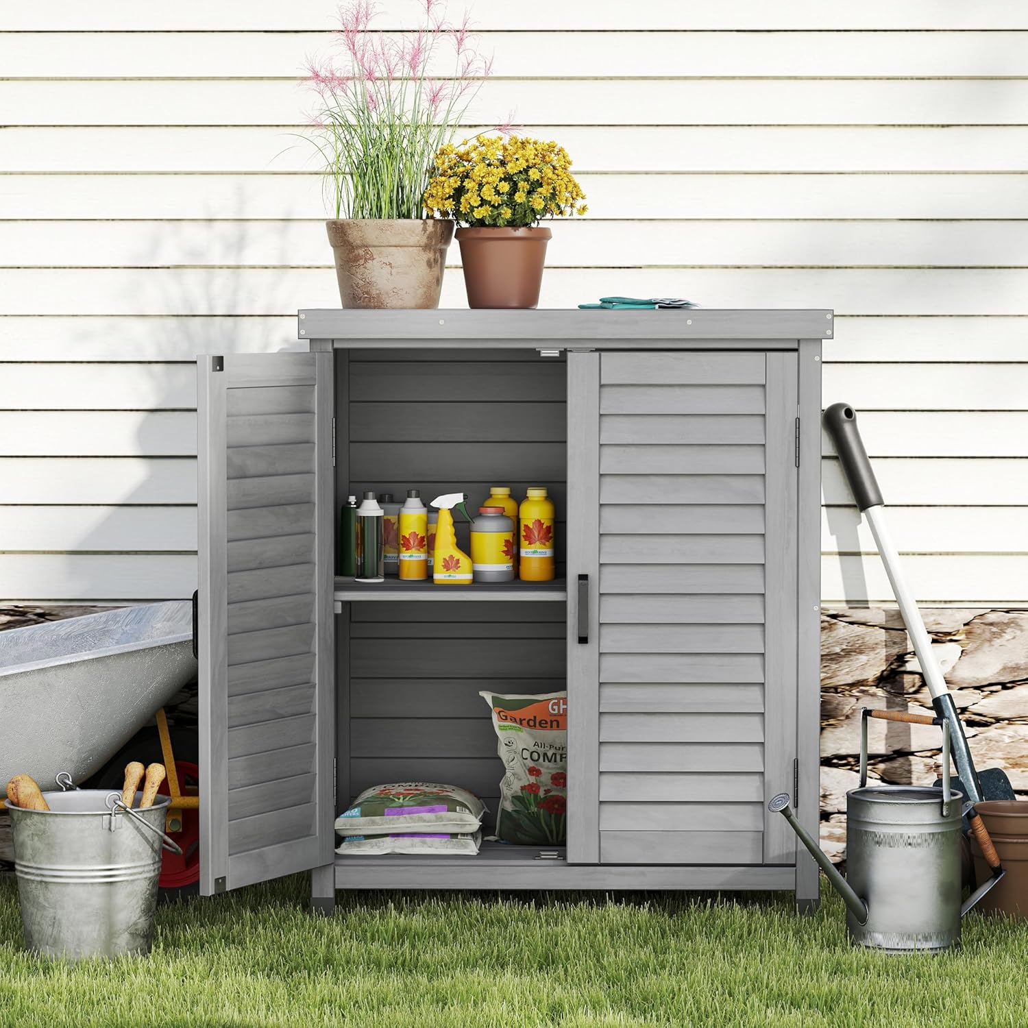 Potting Bench with Storage Cabinet and Metal Table Top for Outdoor Patio, Garden Furniture Wood Workstation