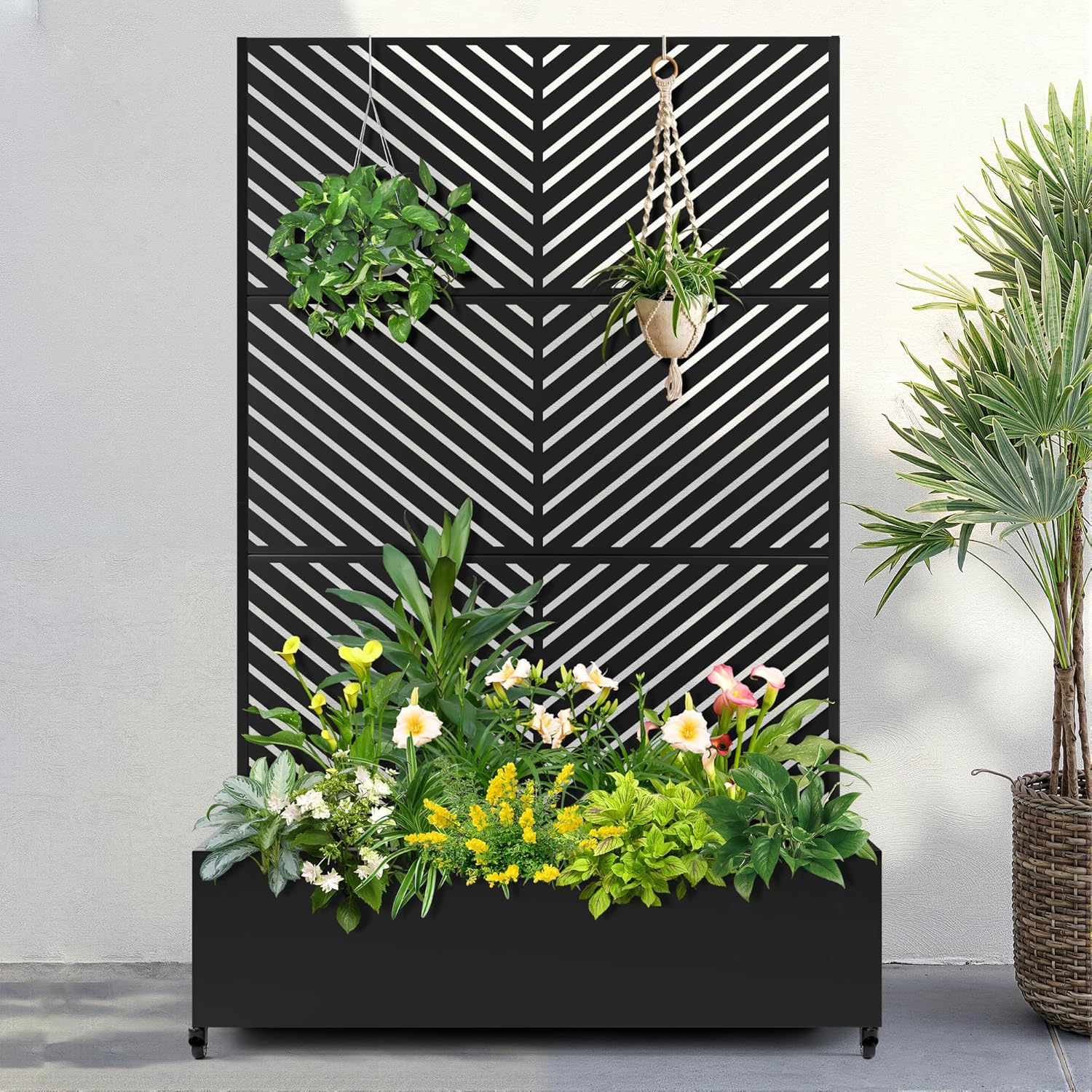 FENCY Metal Raised Garden Bed with Wheels and Trellis,73"x47"x16" Planter Box for Climbing Plants, Vegetables & Vines, Features Privacy Screen and Drainage Holes (Black-Arrow)