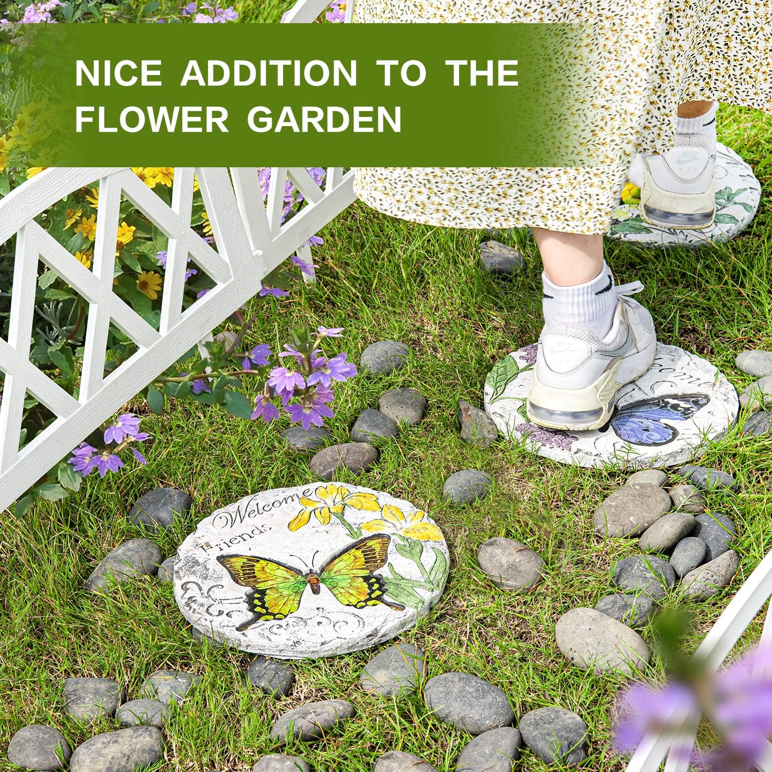 Sungmor 3PC Pretty Garden Stepping Stones, 9.8" Large Concrete Decorative Stones with Beautiful Pattern, Unique Outdoor Lawn Accents, Yard Walkway Flower Bed Wall Shelf Welcome Friends Decorations