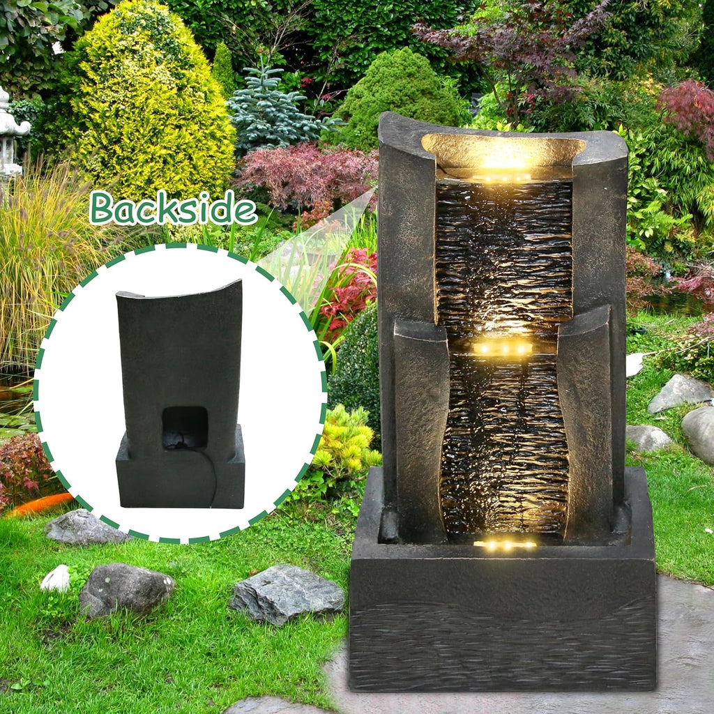 3-Tiers Outdoor Rock Water Fountain with LED Light, Standing Cascading Water Feature, Faux Stone Waterfalls Fountain Decor for Garden Patio Yard Lawn and Deck (Grey)