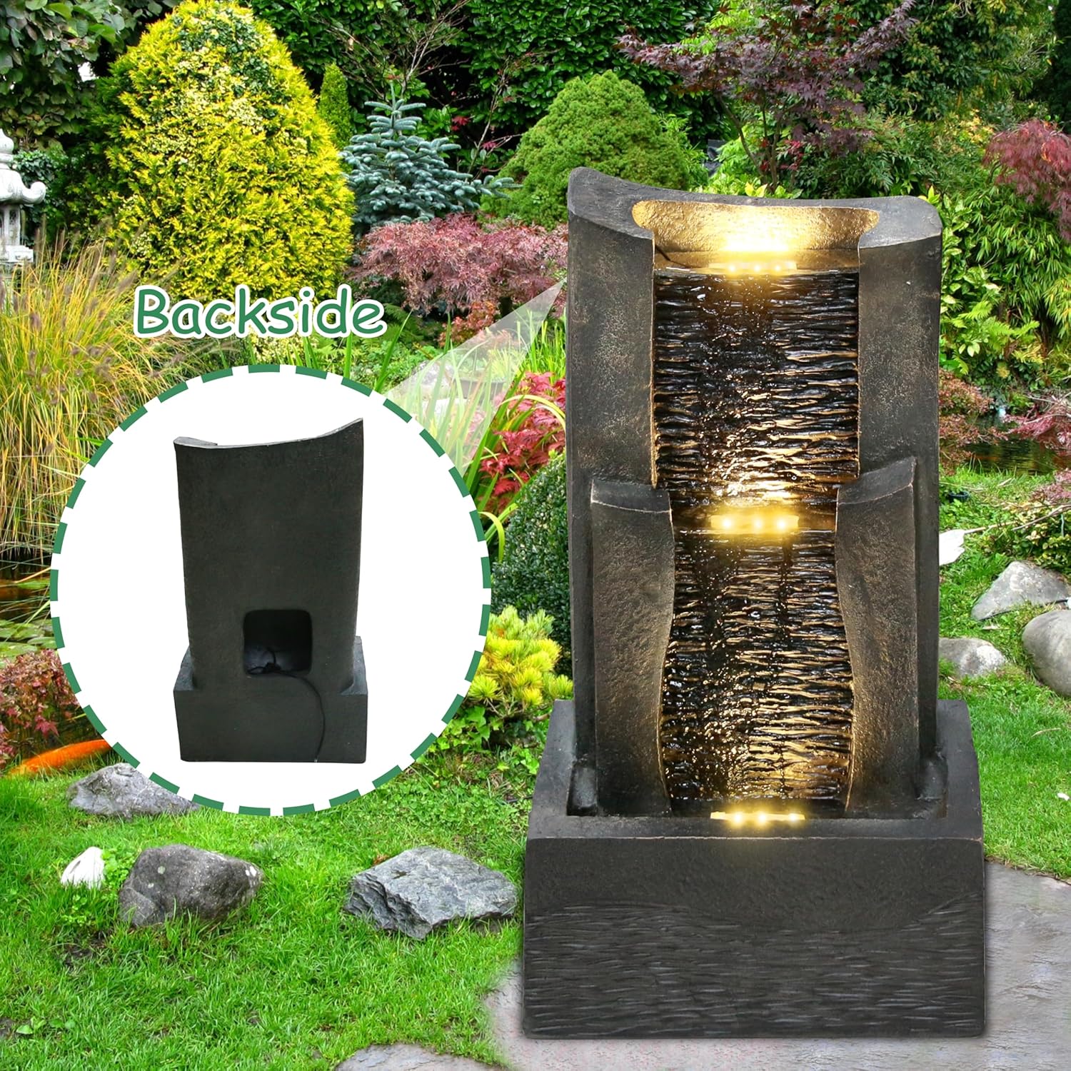 3-Tiers Outdoor Rock Water Fountain with LED Light, Standing Cascading Water Feature, Faux Stone Waterfalls Fountain Decor for Garden Patio Yard Lawn and Deck (Grey)