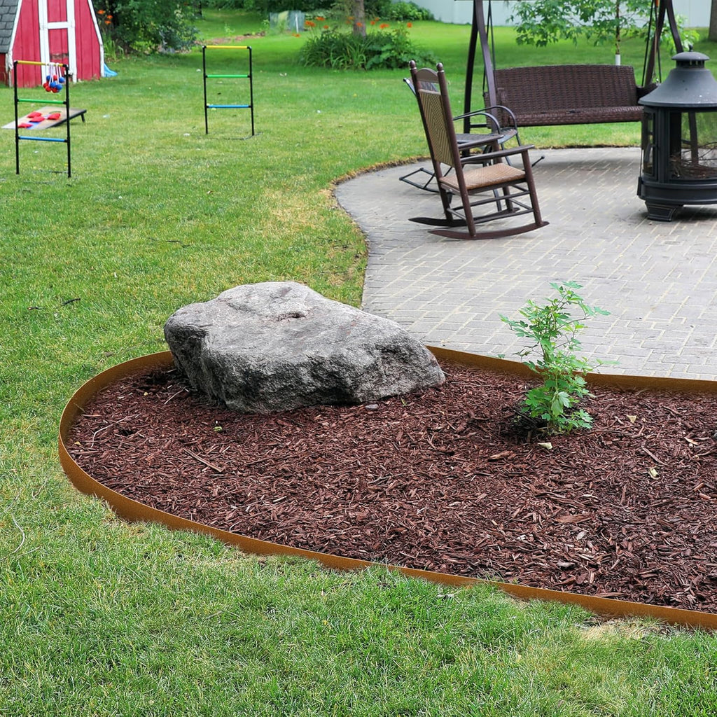 KOL Weather Resistant Steel Flexible Garden Lawn Edging, 10-Pack Pre-Rusted Metal Landscape Edging Strips - Heavy Duty Hammer-in Border with 11 Clips - 16-Gauge - 40" L x 4.5" H (33FT Total Length)