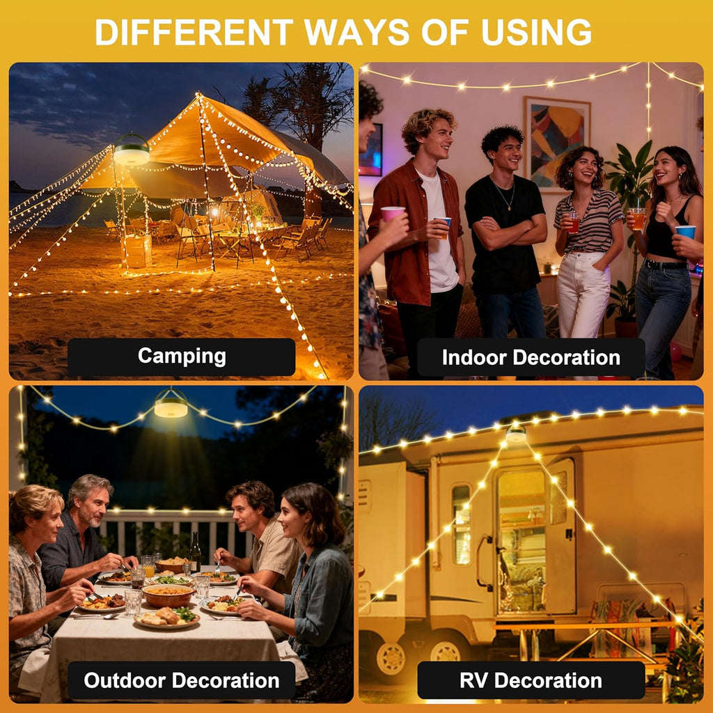 Solar Camping String Lights, 4 in 1 Quick Storage 33FT Rechargeable Tent Lights with 13 Lighting Modes, Hanging Waterproof Portable Retractable LED Lamp for Outdoor, Patio, RV, Awning, Garden, Party