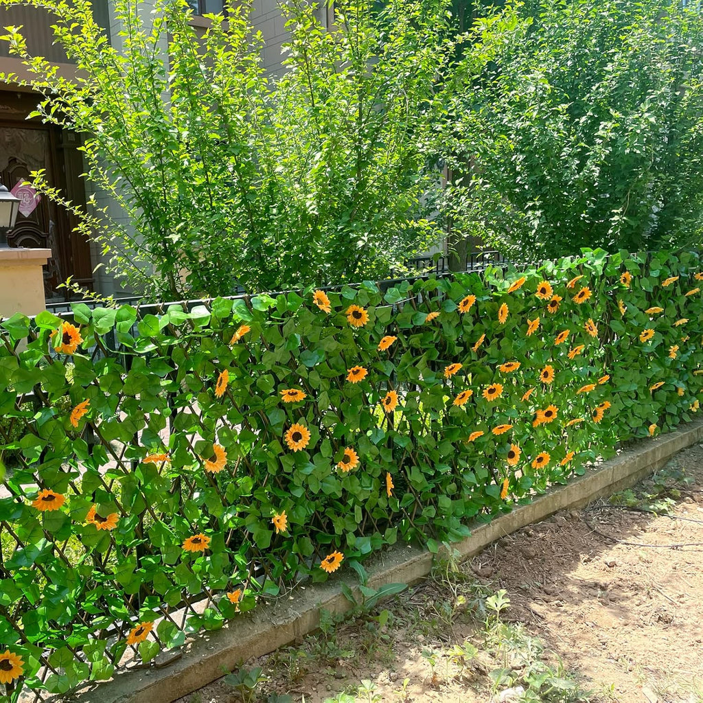 Expandable Fence Privacy Screen for Balcony Patio Outdoor,Decorative Faux Ivy Fencing Panel,Artificial Hedges (Single Sided Leaves) (4, Sunflowers)