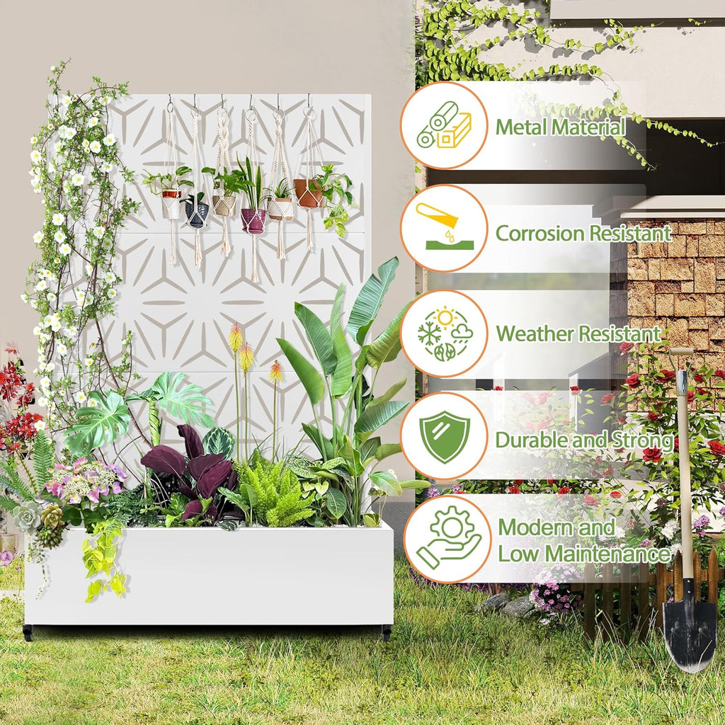 Raised Garden Bed with Trellis and Wheels,73"x47"x16" Metal Raised Garden Bed,White Star Metal Planter with Climbing Trellis for Vines & Vegetables