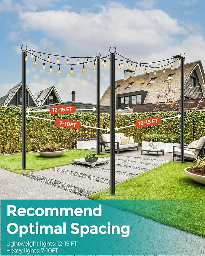 LAND·VOI 4 Pack String Light Poles, 9FT Heavy Duty Metal Light Poles for Outside String Lights, Outdoor light poles with 5 Prong Fork, Light Pole Stand for Patio, Backyard, Garden, Deck, Black FLP14B