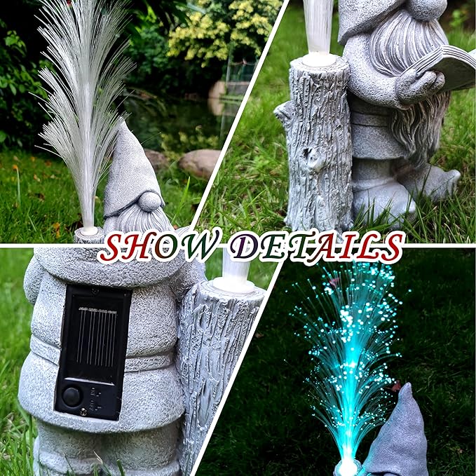 Gnomes Statue Solar Garden Decor,Resin Gnome Statues and Colour Changing Optical Fiber Solar Lights,Outdoor Decoration for Balcony, Garden, Patio, Yard, Lawn, Gifts for Mom Grandma