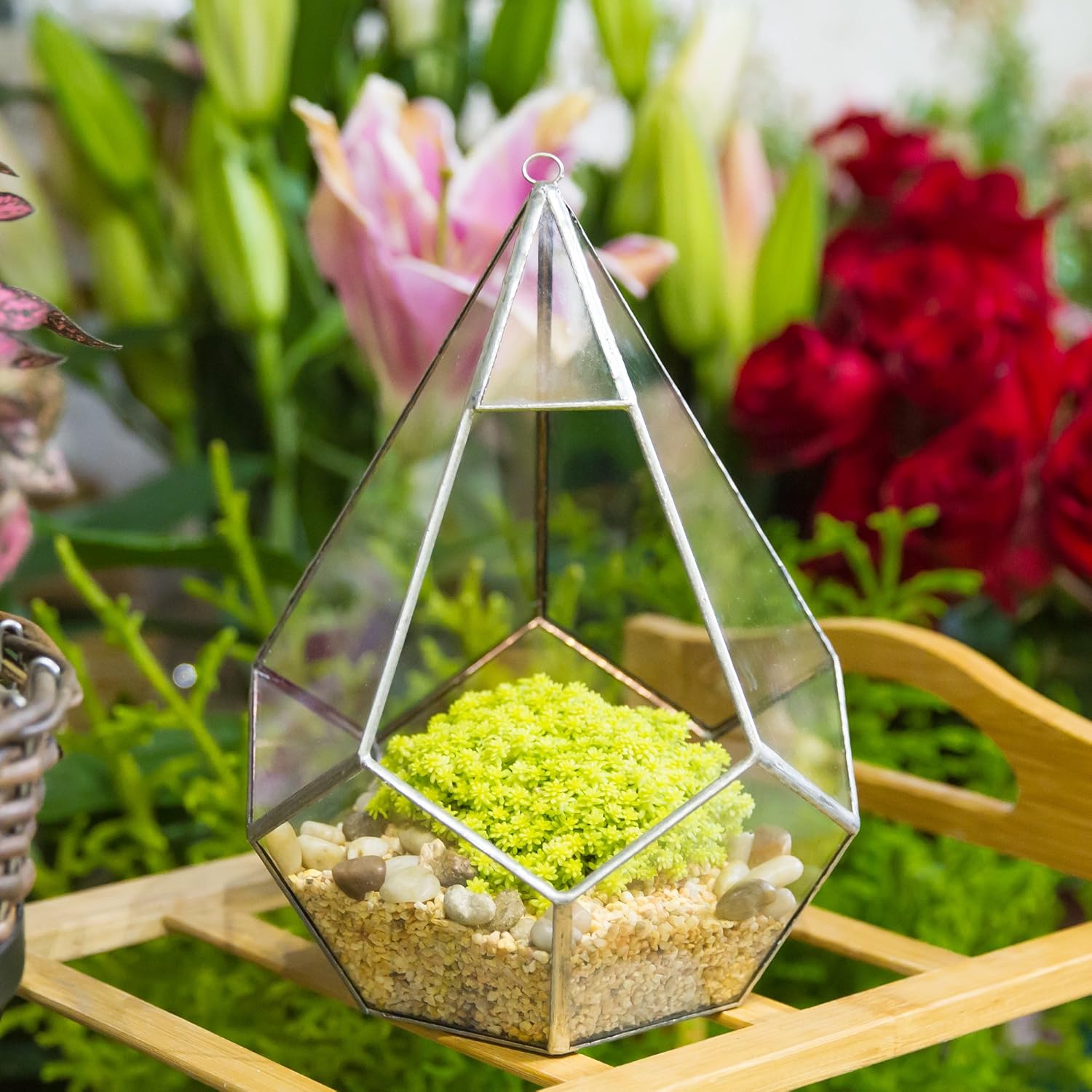 NCYP Silver Hanging Glass Geometric Terrarium, 6.8 x 6.8 x 8.6 Inches Teardrops Shape Display Planter for Succulent Air Plants, Indoor Decor Flower Holder, Handmade (NO Plants)