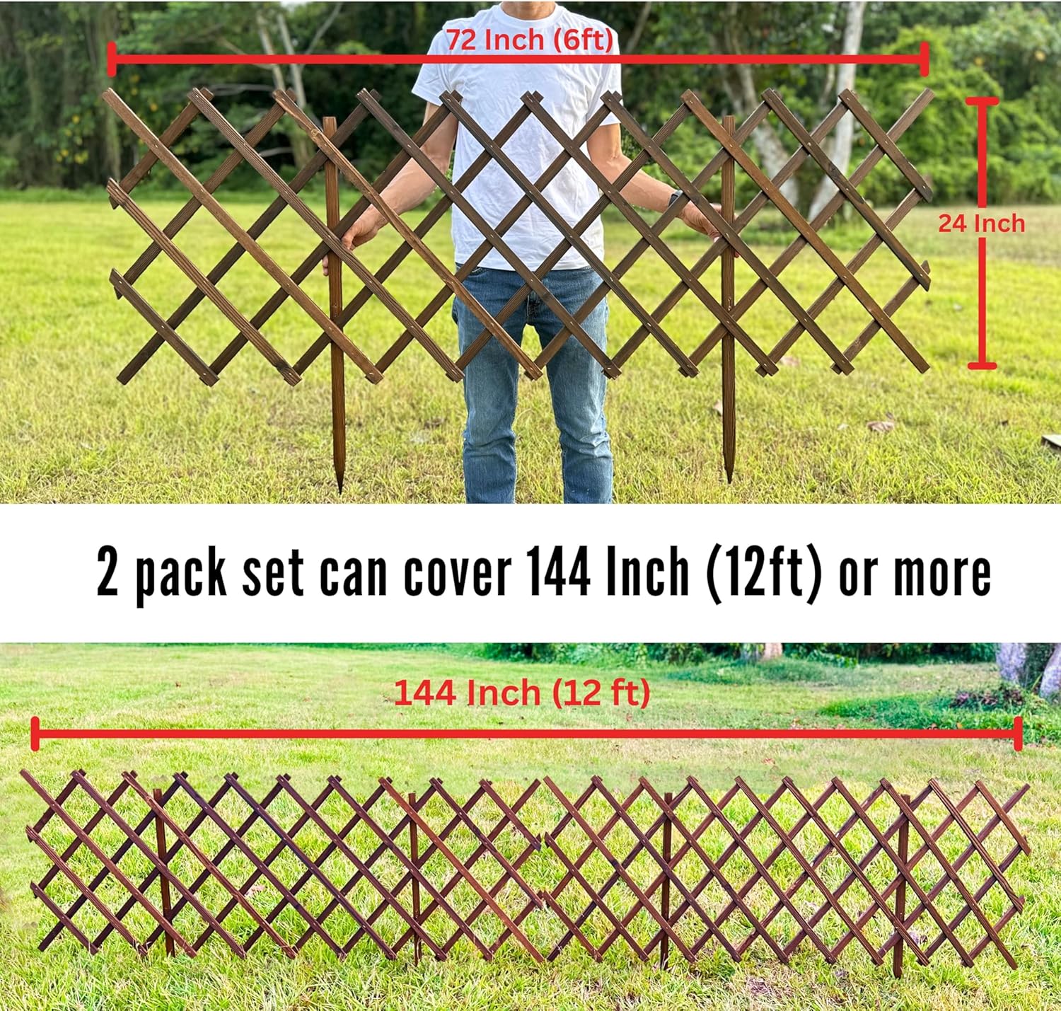 ShopLaLa Garden Fence - 2 Pack, Total 12ft (L) Wooden Lattice Flower Edging for Yard Lawn Landscape Patio Outdoor Decor, Expandable Plant Trellis Decorative Fences and Gates, Animal Barrier for Dogs