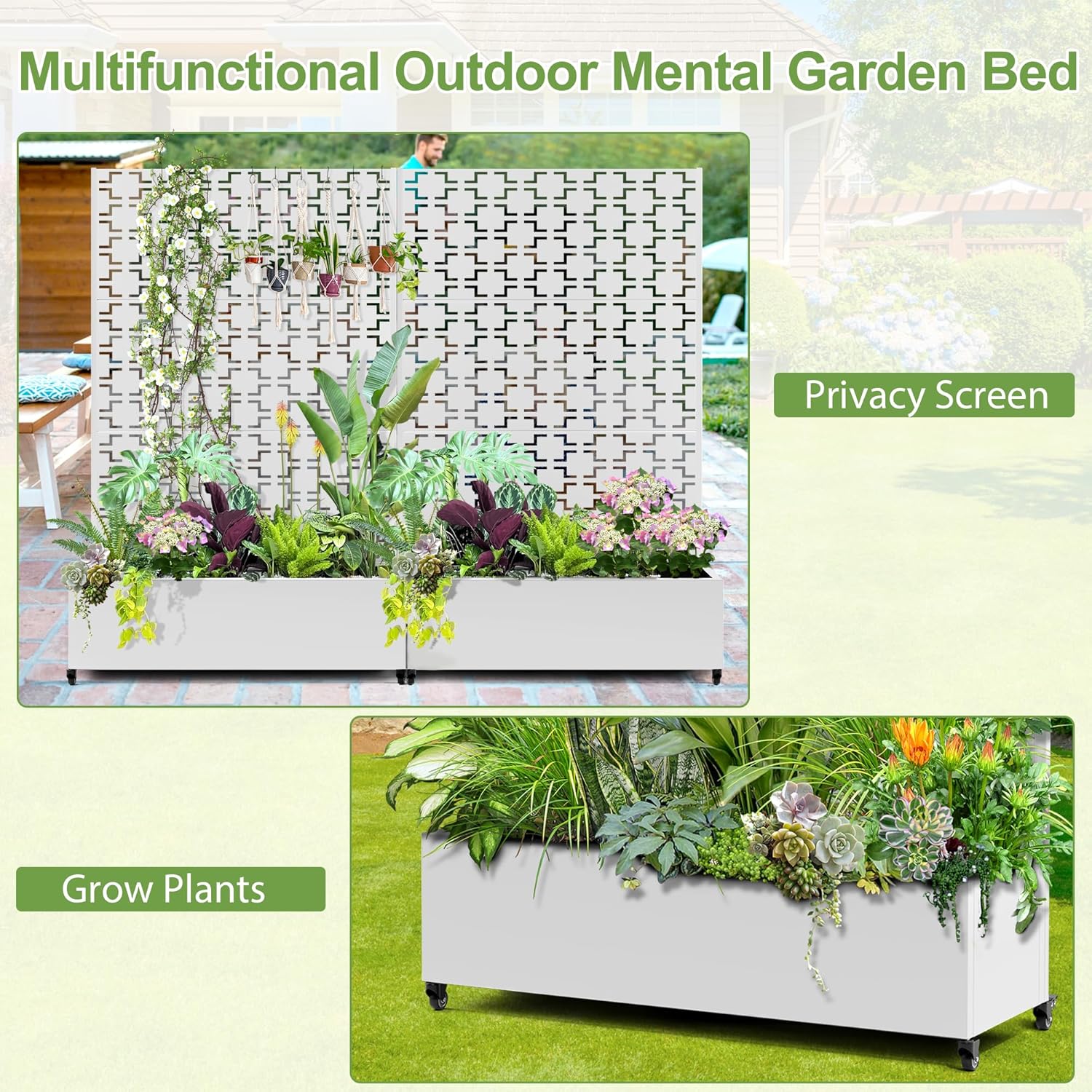 Raised Garden Bed with Trellis and Wheels,73"x47"x16" Metal Raised Garden Bed,White Squared Metal Planter with Climbing Trellis for Vines & Vegetables