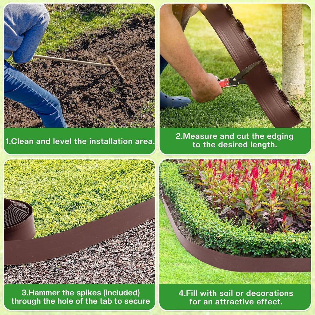 Landscape Edging Coil 33 FT, 4 Inch Tall Garden Edging Border Flexible Lawn Edging Kit with 30 Spikes, Plastic Edging for Landscaping Flower Beds Yard Pathway Paver Edging (4IN x 33FT, Brown)