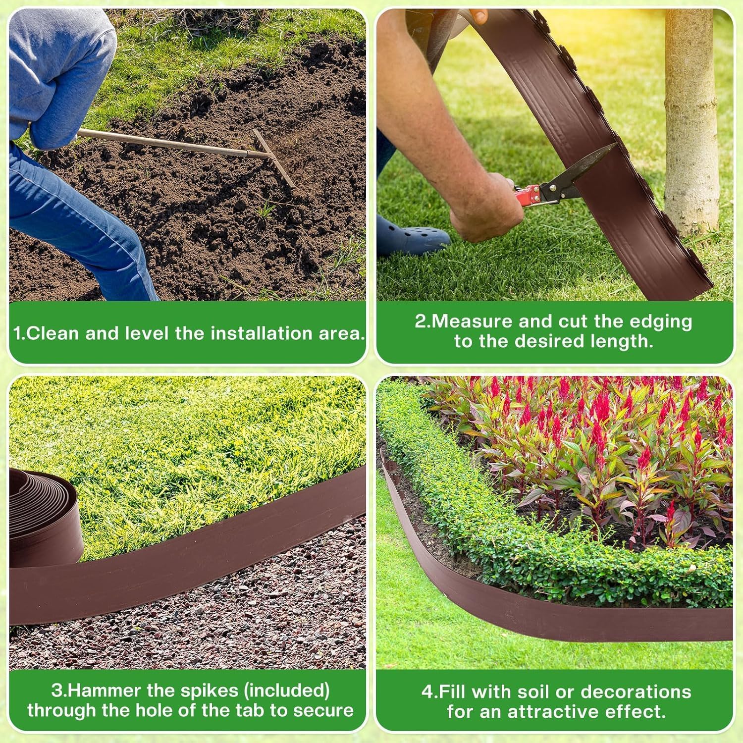 Landscape Edging Coil 33 FT, 4 Inch Tall Garden Edging Border Flexible Lawn Edging Kit with 30 Spikes, Plastic Edging for Landscaping Flower Beds Yard Pathway Paver Edging (4IN x 33FT, Brown)