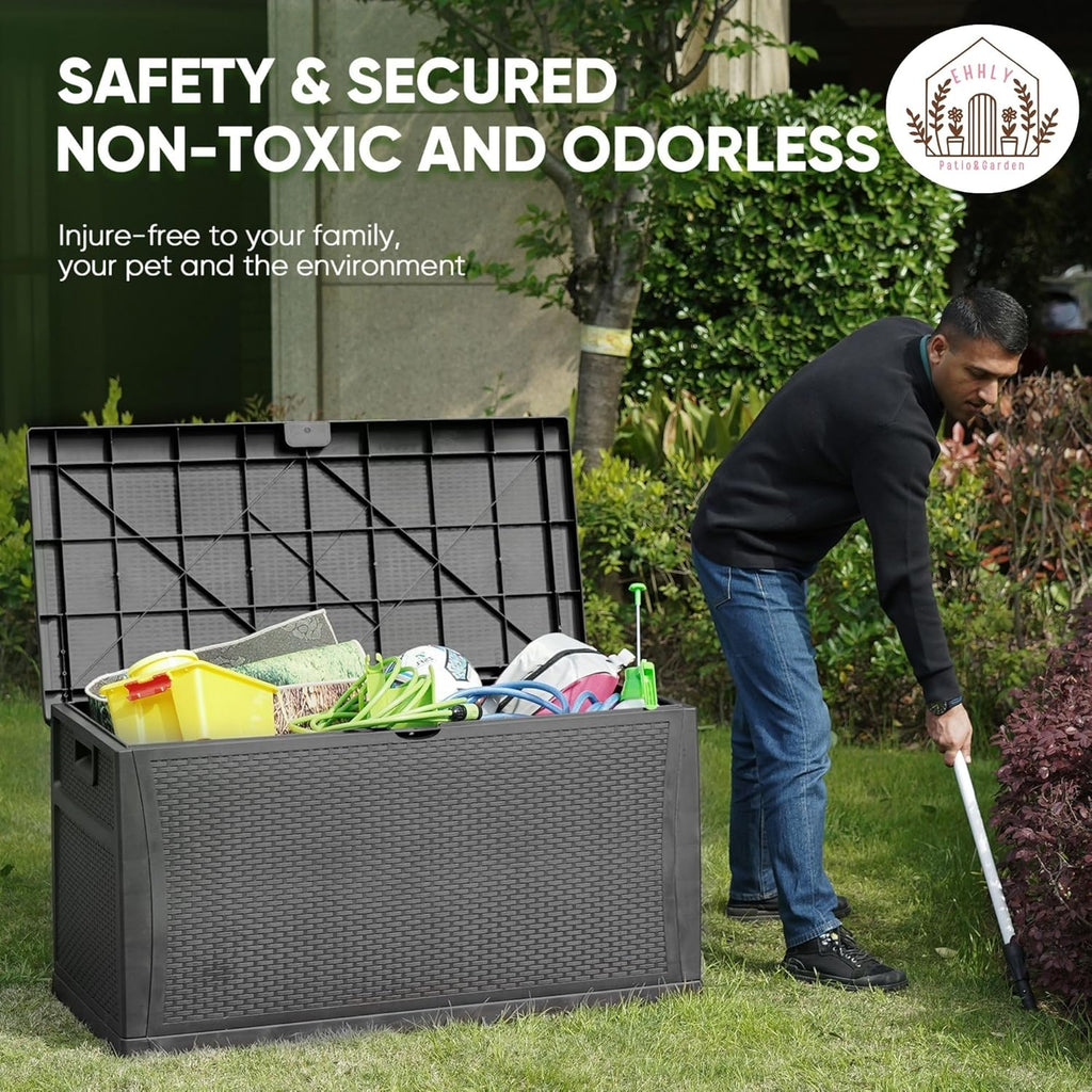 121 Gallon Outdoor Storage Box Large, Lockable Outside Storage Containers Waterproof Patio Cushions Deck Boxes, Rattan Plastic Garden Hose Boxes Resin Pool Storage Bins, Grey