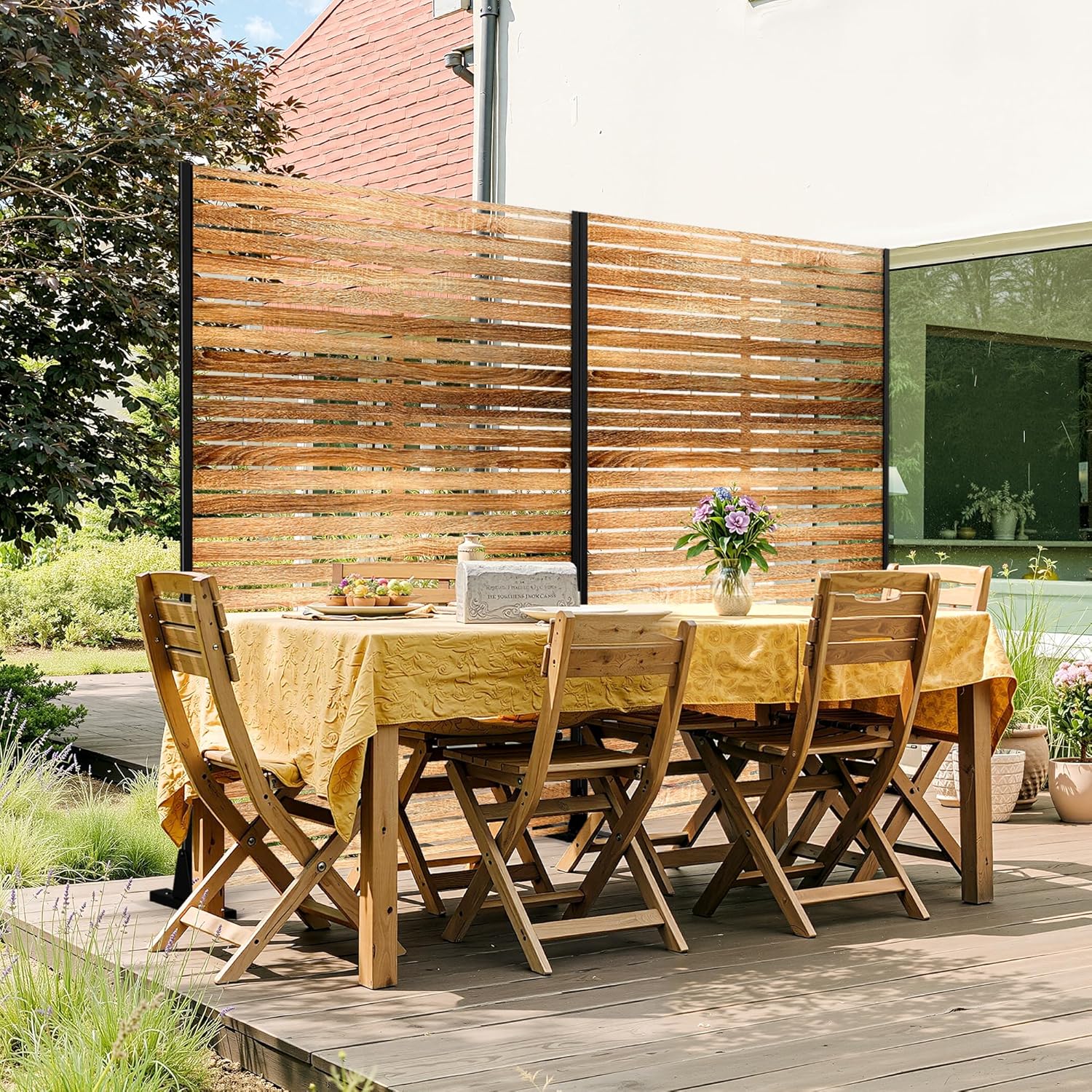 FENCY Metal Privacy Screen 72" H×47" W Natural Wood Color Outdoor Privacy Screen, Freestanding Decorative Privacy Fence Panels for Deck Balcony Patio