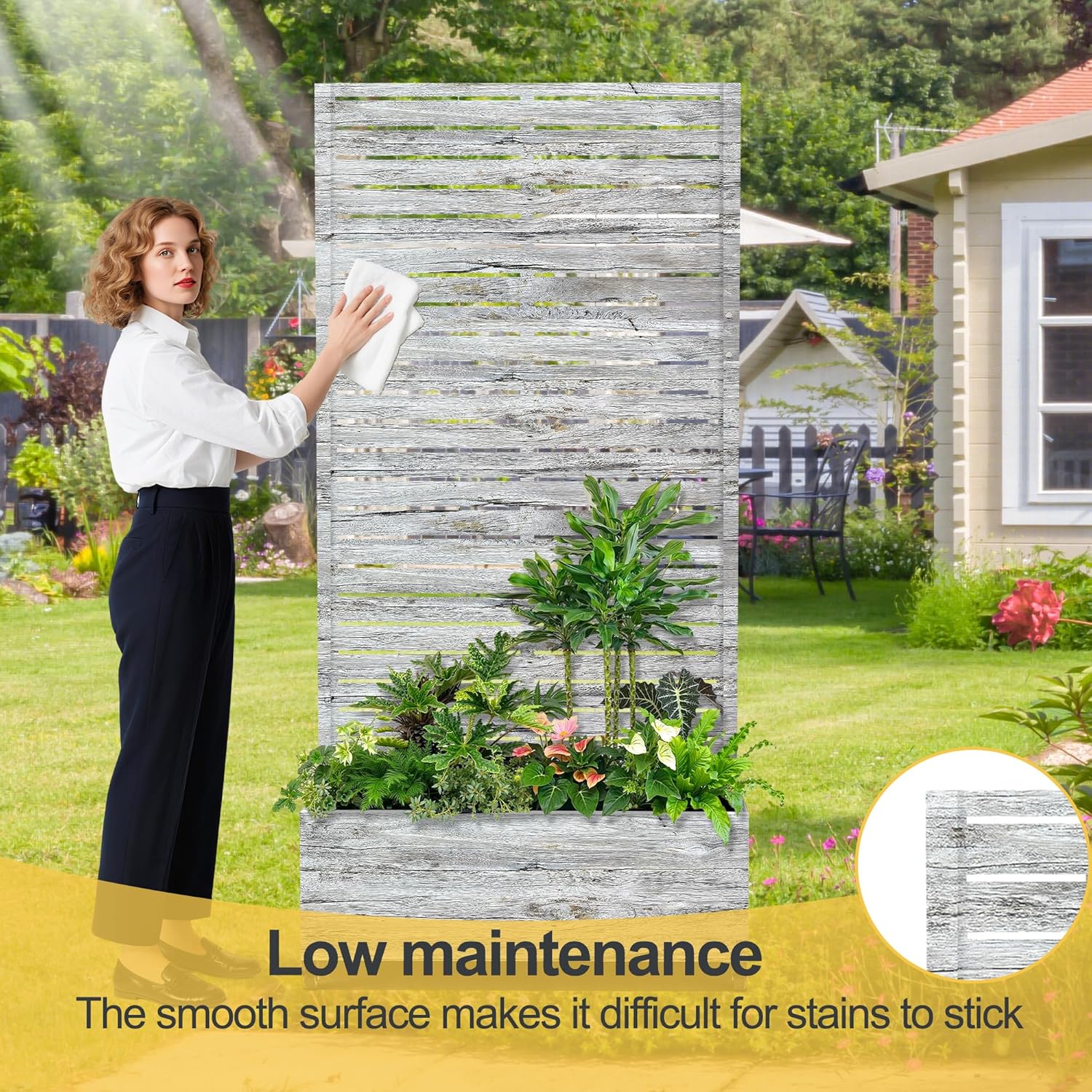 Raised Garden Bed with Trellis and Wheels,73"x35"x16" Metal Raised Garden Bed,White Wood Finish Metal Planter with Climbing Trellis for Vines & Vegetables