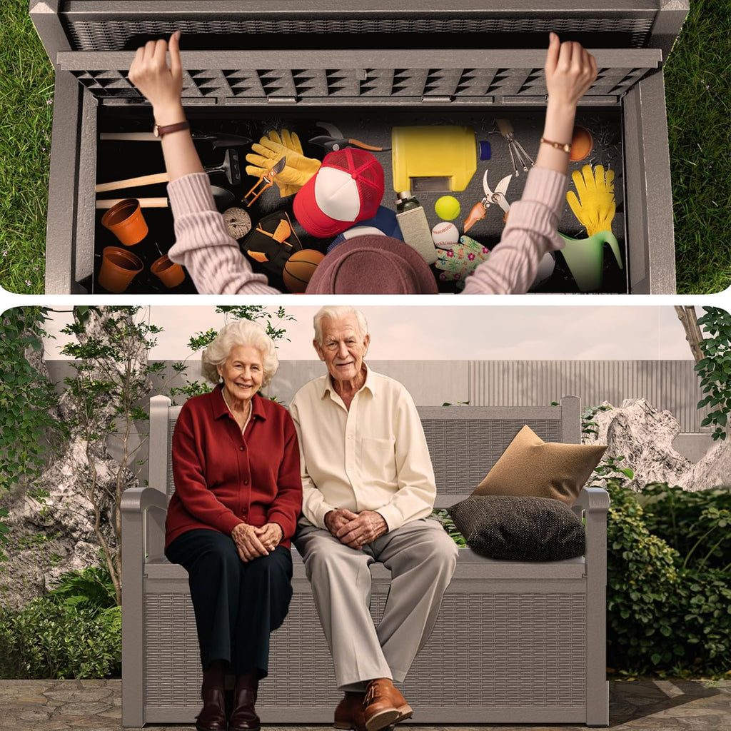 80 Gallon Outdoor Storage Bench Deck Box Waterproof Lockable,Outdoor Storage Furniture for Patio,Garden and Cushions(Gray)