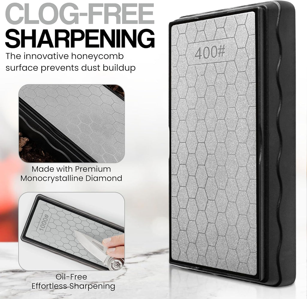 Premium-Grade Diamond Sharpening Stone Set - Double Sided Diamond Knife Sharpener | 400/1000 Grit Stone W/Non-Slip Base & Cover I Replacement to Knife Whetstone & Chisel Sharpening Kit