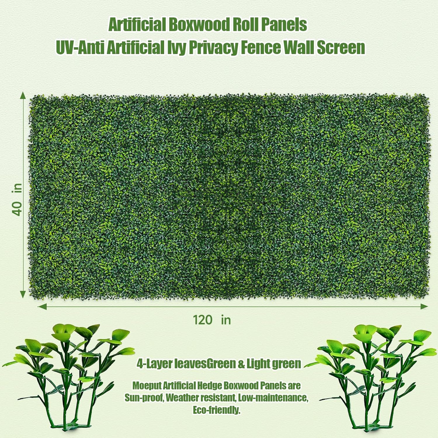 Artificial Boxwood Roll,120x40 in (34 sqft) UV-Anti Faux Ivy Boxwood Hedge Leaf Grass Wall for Patio Balcony Privacy, Garden, Backyard Greenery Wall Backdrop and Fence Decor