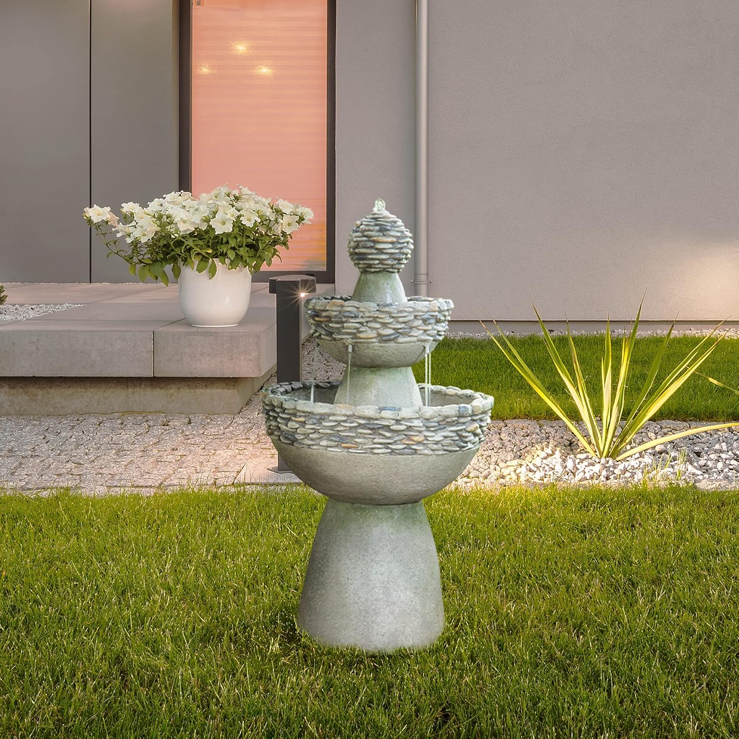 Teamson Home 36.5 in. Outdoor 3-Tier Zen-Style Pedestal Water Fountain in. with Stone Trim with Pump and 2.64 Gallon Capacity, Stone Gray