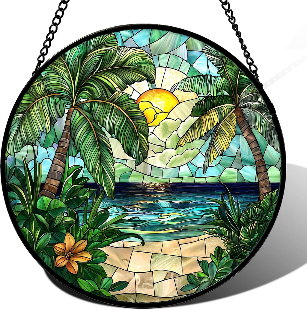 Stained Glass Window Hanging, Green Beach Scenery Suncatcher Diamond Glass Panel Hangings Sun Catchers Decor for Birthday for Women, Men, Wife, Aunt, and Mom 14.9x14.9 in
