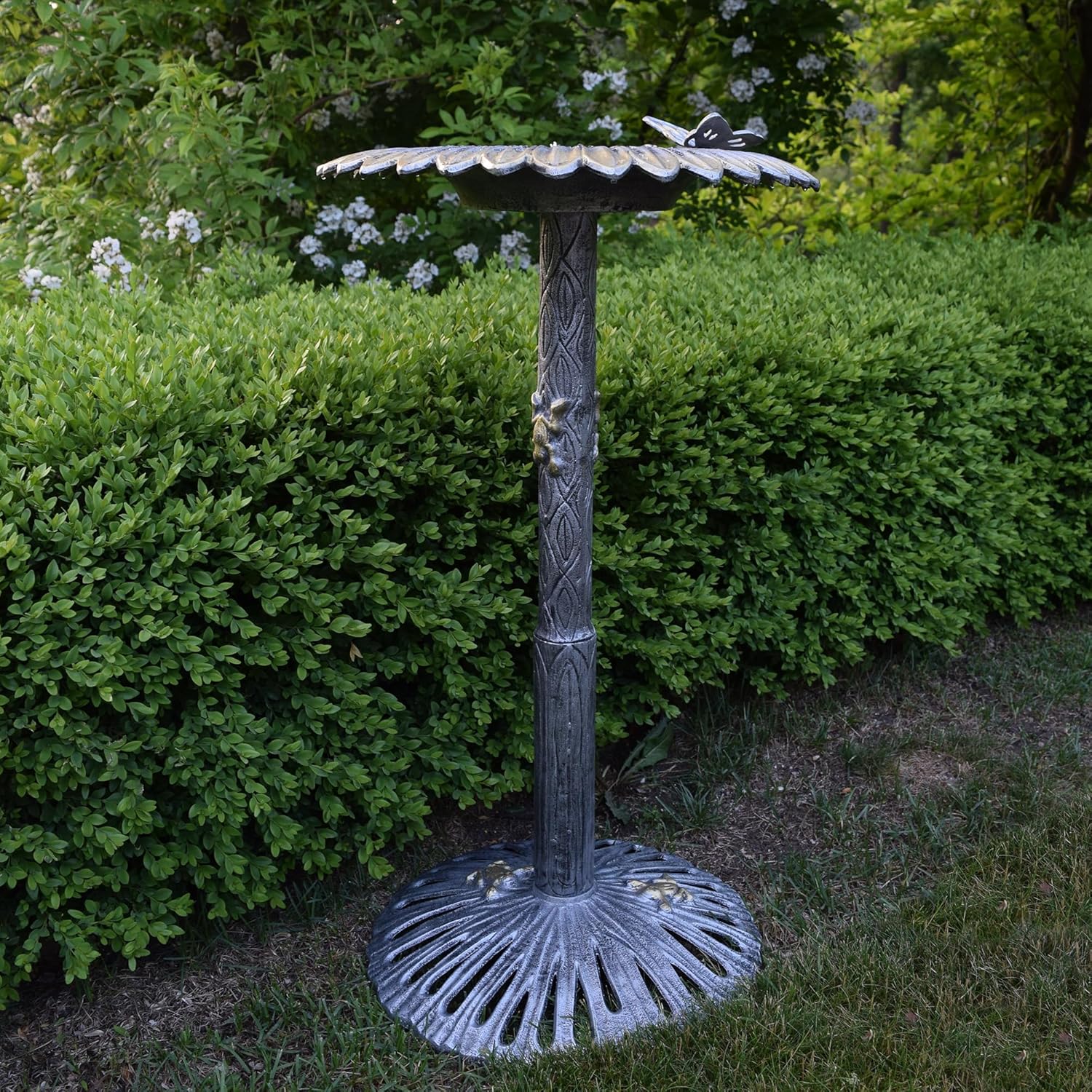 Oakland Living Sunflower Butterfly Bird Bath, Antique Pewter, Silver