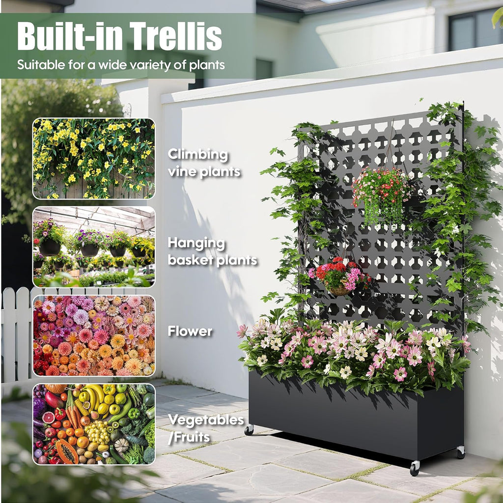 Metal Planter Box with Trellis Privacy Screen, Raised Garden Bed with Dots Trellis & Wheels, Privacy Planters for Patio, Planter Box for Climbing Plants, Flower, 73"x 47"x 16", Black