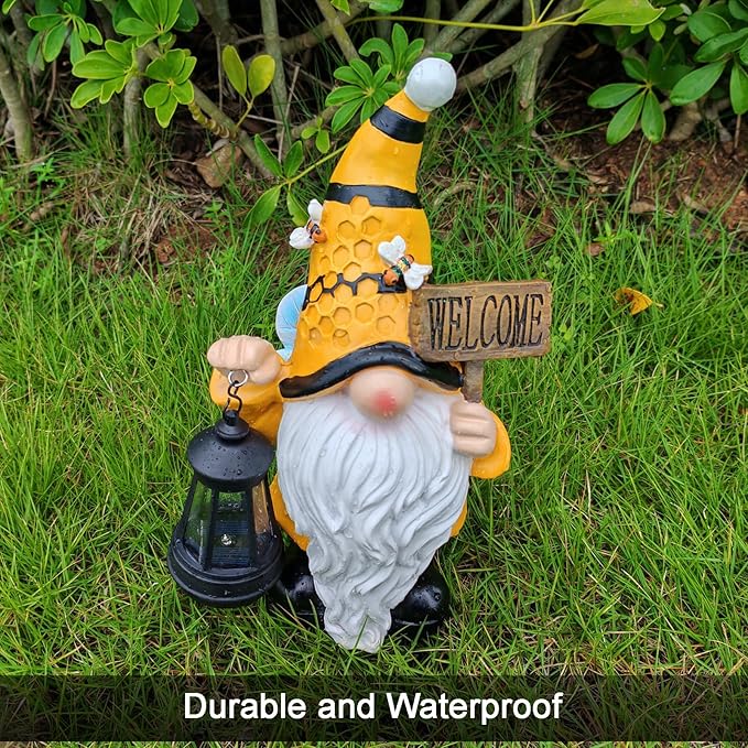 Gnome Garden Statues with Solar Lights Outdoor Gnomes Sculpture Yard Patio Decor for Lawn Ornaments Gardening Gifts（Bee Gnome
