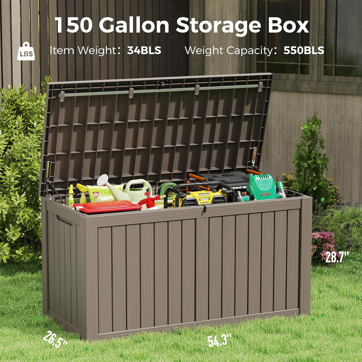150 Gallon Resin Deck Box, Large Indoor and Outdoor Storage Box, Weatherproof and UV Resistant Outdoor Storage Box with Built-in Steel Beams for Patio, Cushions, Pool Supplies