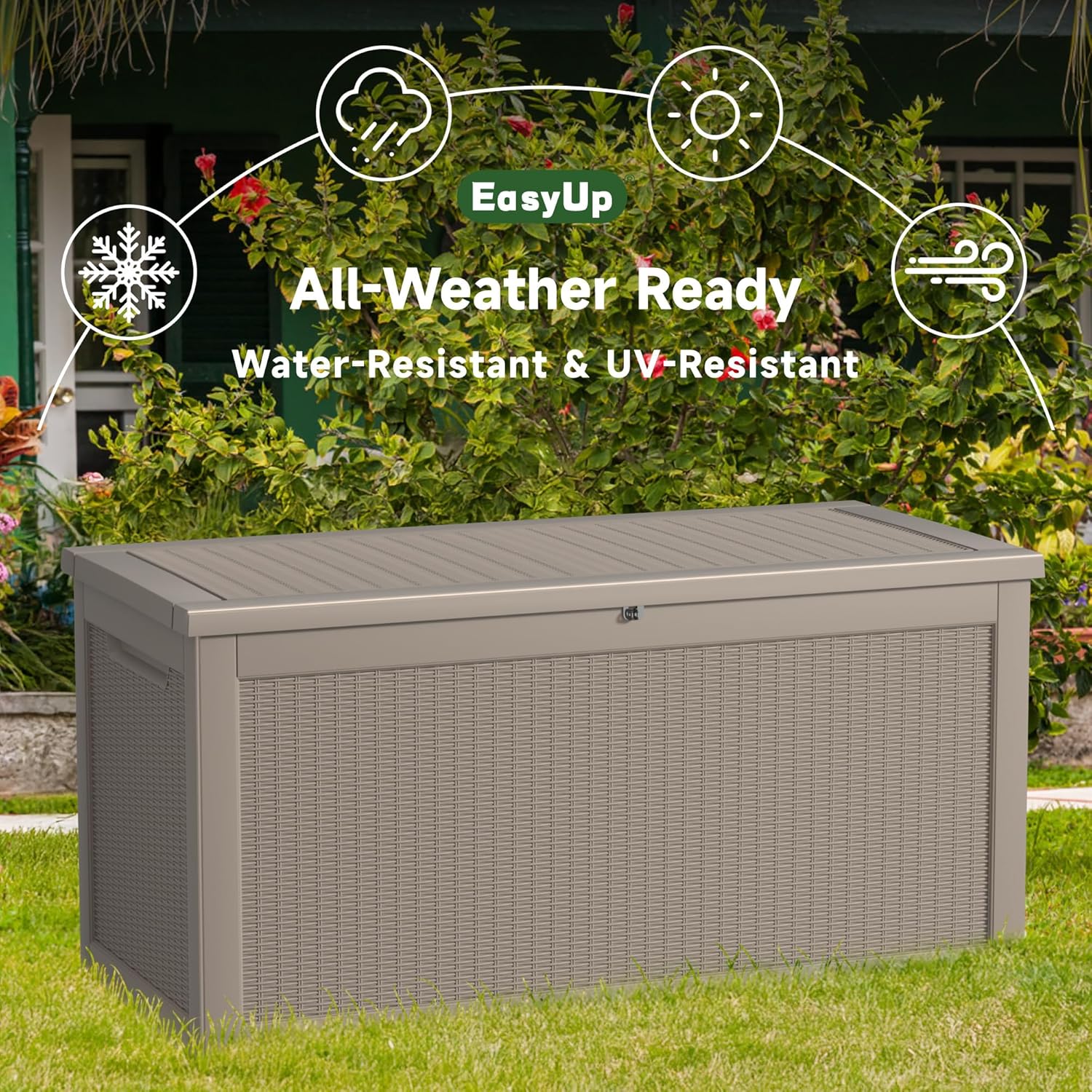 260 Gallon Outdoor Storage Box Waterproof, UV Resistant Resin Deck Box with Hydraulic Rod, Reinforced Stability for Patio, Garden, Rattan Gray