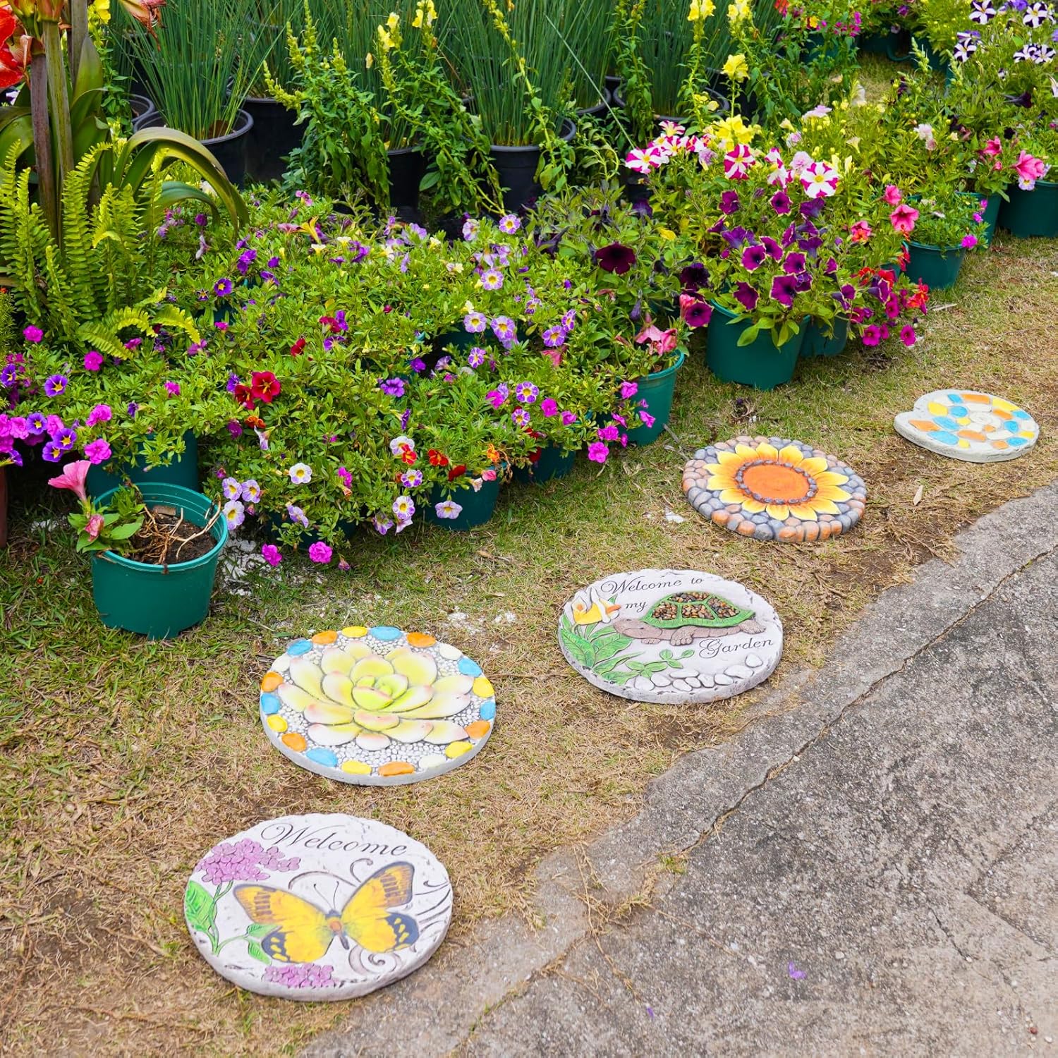 Succulent Pattern Cement Stepping Stones - Outdoor Pavers for Walkway, Multicolored Decorative Stone for Garden, 0.75 x 10 x 10 Inch