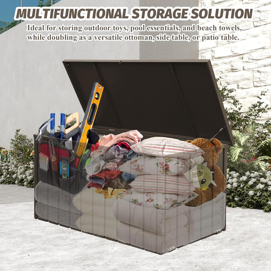 Domi Deck Box 190 Gallon, Waterproof Lockable Steel Outdoor Storage Container for Outside Cushions, Garden Tools and Pools Equipment, Brown