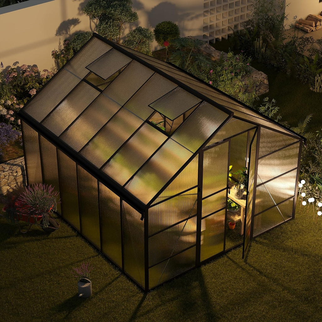 10x12 FT Greenhouse for Outdoors, Polycarbonate Greenhouse with Roof Vent, Enhanced Aluminum Large Walk-in Green House for Garden Backyard