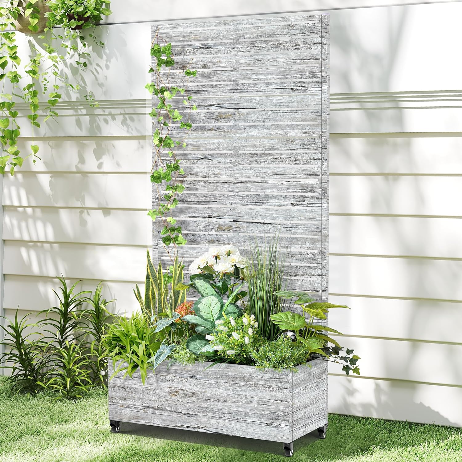 Raised Garden Bed with Trellis and Wheels,73"x35"x16" Metal Raised Garden Bed,White Wood Finish Metal Planter with Climbing Trellis for Vines & Vegetables