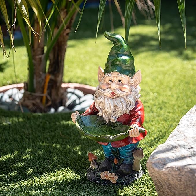 Alpine Corporation 16" Tall Outdoor Garden Gnome and Bird Feeder Yard Statue Decoration