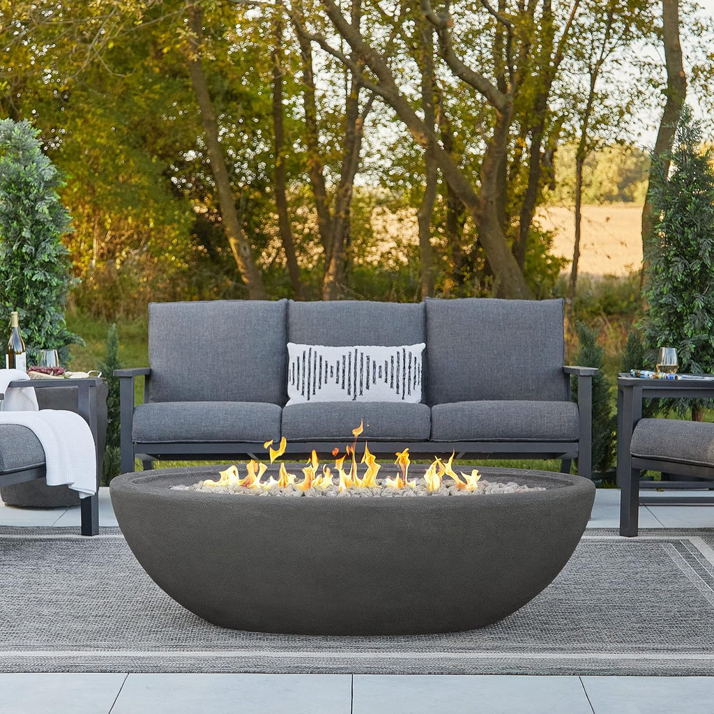 Real Flame Riverside 58" Oval Propane Fire Pit Bowl, Push-Button Ignition, Includes 28" Stainless Steel Burner, Lightweight 50,000 BTUs of Heat - Adjustable Flame Height