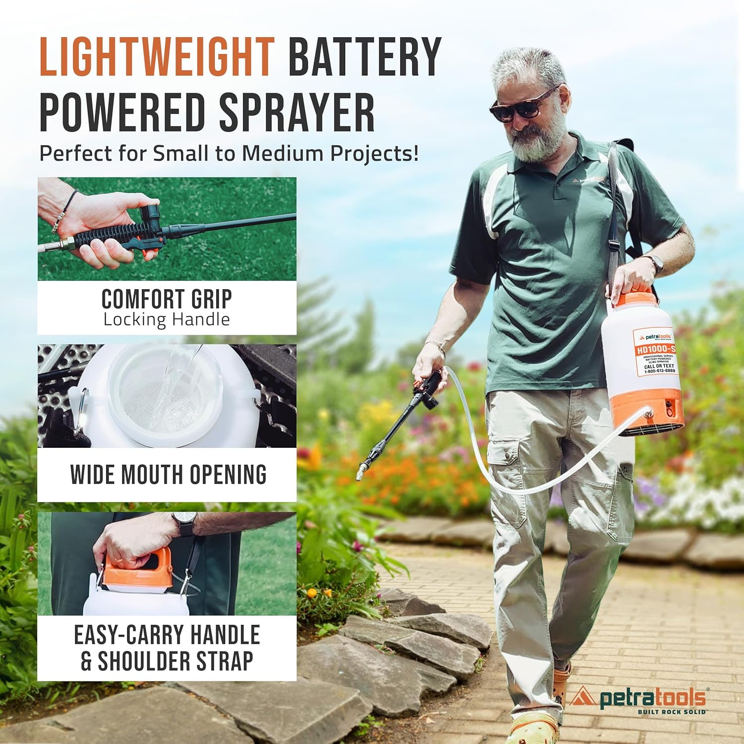 PetraTools Battery Powered Sprayer 1 Gallon - HD1000-S - Heavy Duty Electric Sprayers in Lawn and Garden for Weed/Pest Control, Watering & More - with 8 Nozzles & Strap (1 Gallon ProKit)