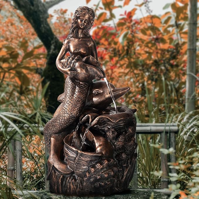 TERESA'S COLLECTIONS Mermaid Water Fountains Outdoor with LED Light Auto Slient Pump, Large Water Features for Yards Patio Garden Balcony Porch, Mermaid Garden Gifts for Mom, 21"