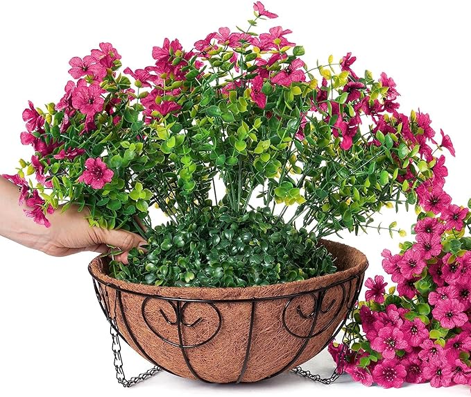 Artificial Fake Hanging Plants Flowers Basket for Outdoor Outside Porch Summer Decoration, Faux Silk Hotpink Dasiy UV Resistant Realistic in Planter for Home Patio Garden Yard