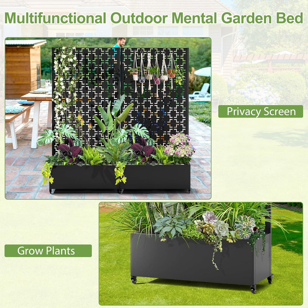 Raised Garden Bed with Trellis and Wheels,73"x35"x16" Metal Raised Garden Bed,Black Squared Metal Planter with Climbing Trellis for Vines & Vegetables