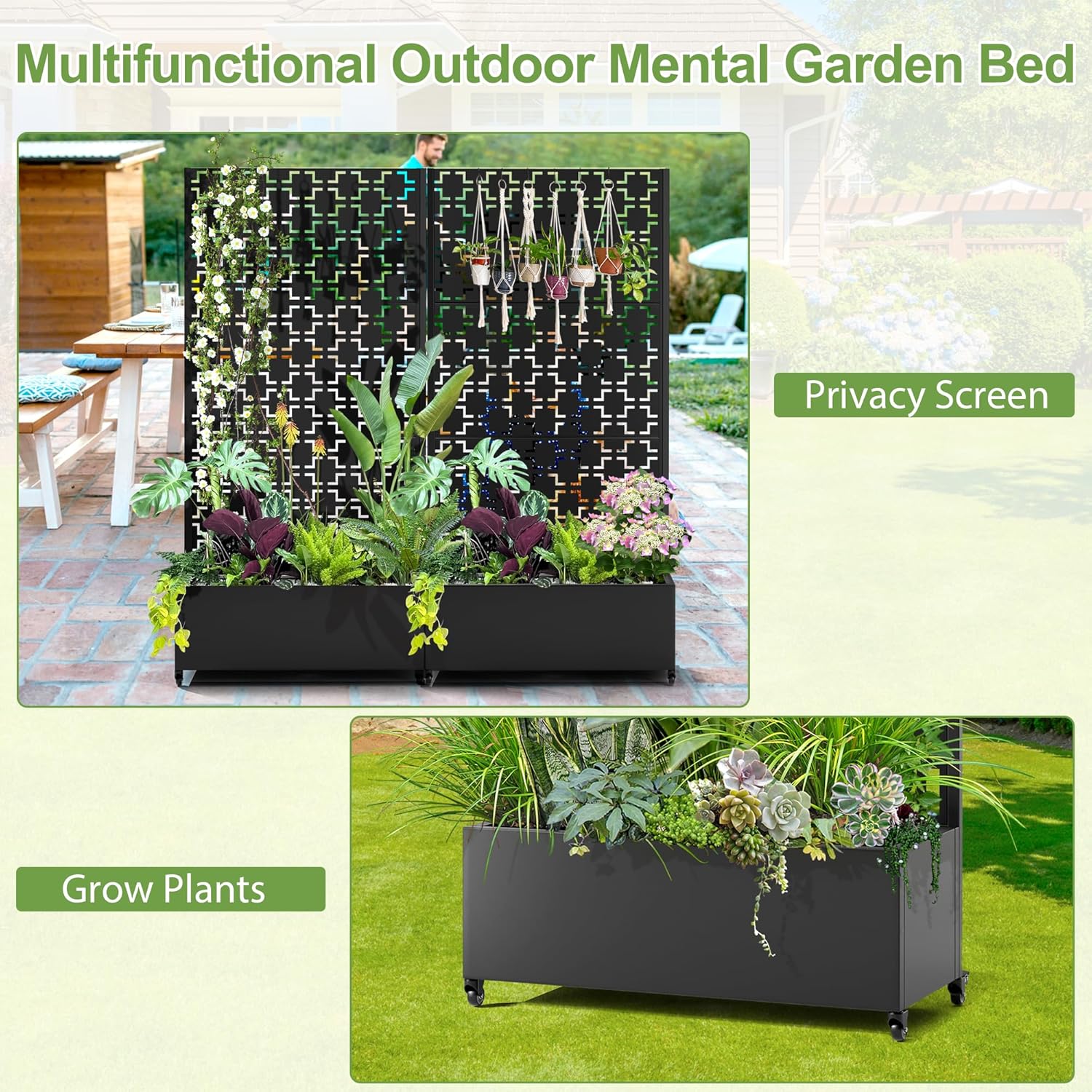 Raised Garden Bed with Trellis and Wheels,73"x35"x16" Metal Raised Garden Bed,Black Squared Metal Planter with Climbing Trellis for Vines & Vegetables