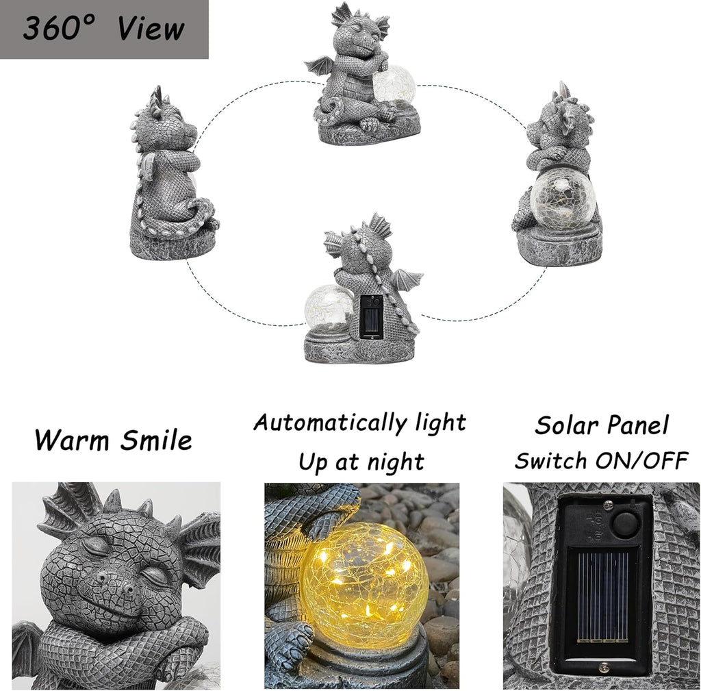 Garden Dragon Figurine Solar Powered Outdoor Cute Dragon with Hold Glowing Glass Ball Resin Sculpture for Porch Patio Lawn Farm Yard Home Decoration Gift for Women Housewarming