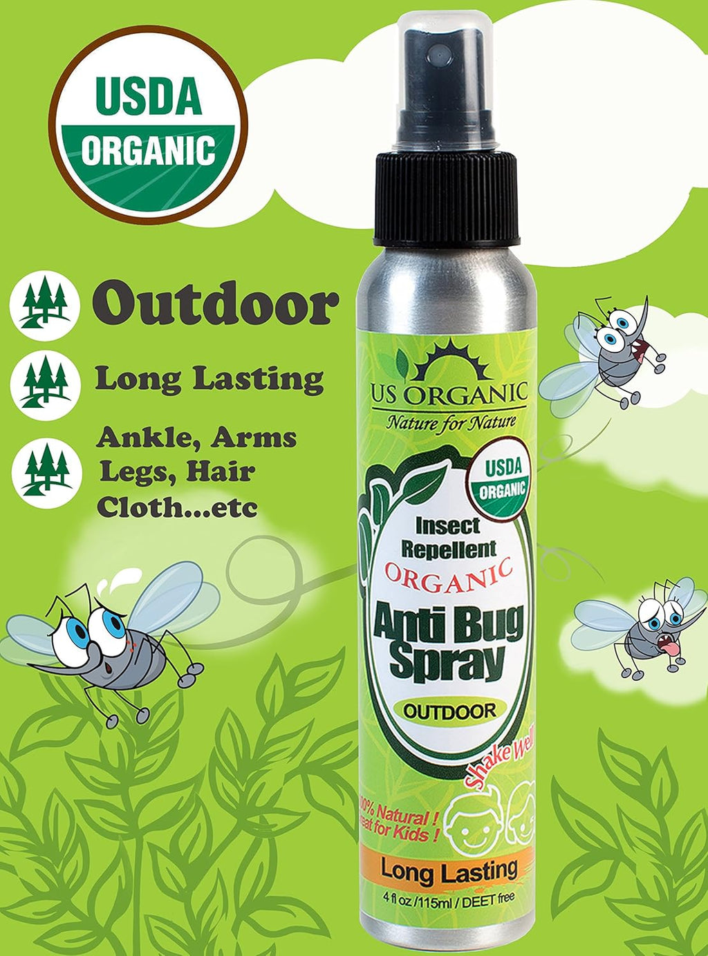 US Organic Mosquito Repellent Anti Bug Outdoor Pump Spray, 4 oz, Certified Organic, DEET-Free, Natural Insect Protection for Camping, Hiking, Travel