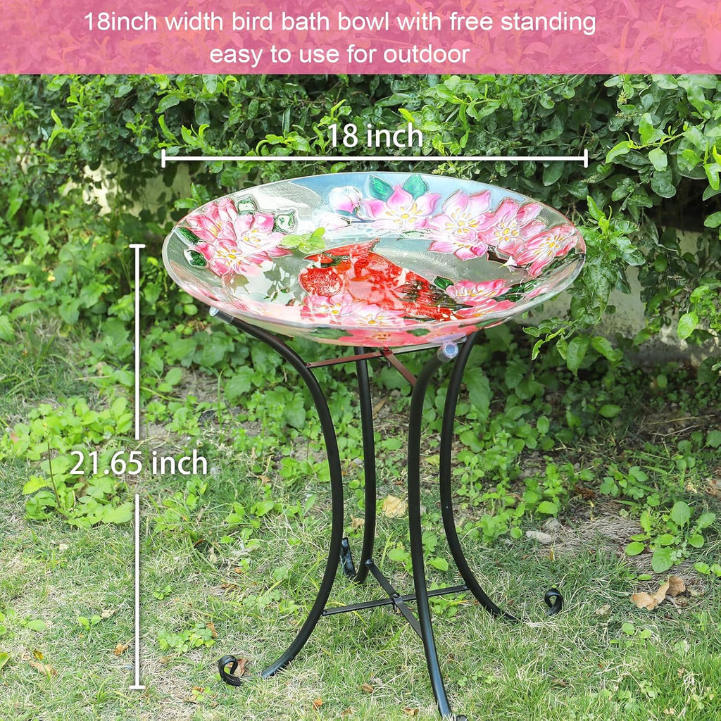 MUMTOP Outdoor Glass Birdbath with Metal Stand for Outside Lawn Yard Garden Cardinal Decor,18” Dia/21.65 Height