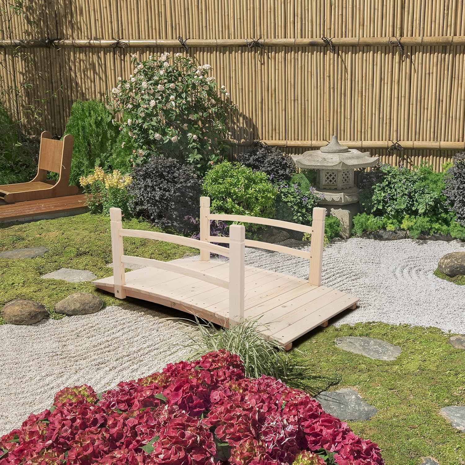 VINGLI 4 ft Garden Bridge, Arch Walkway Wooden Bridge with Safety Rails Natural Finished, Decorative Landscaping Footbridge for Koi Pond, Dry Creek Bed, Garden Pathway or Japanese Zen Decor