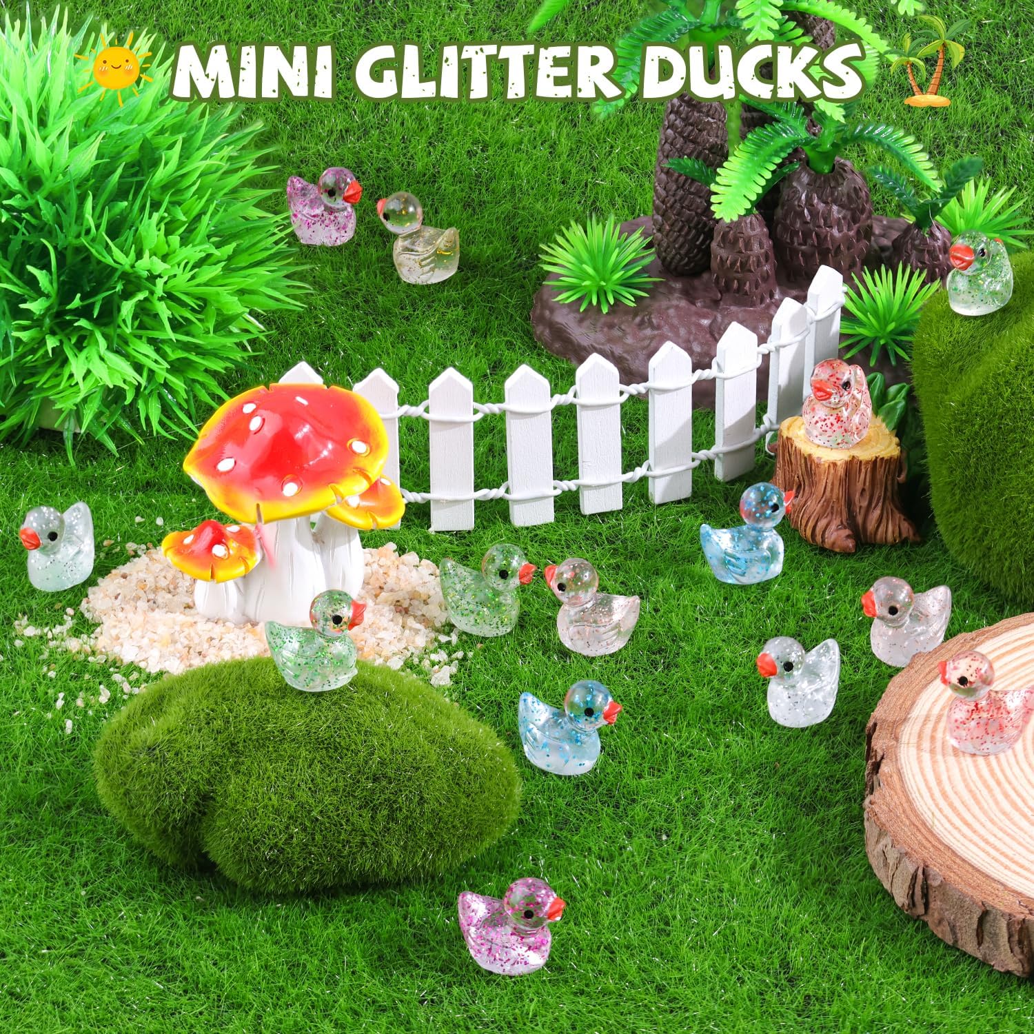 120PCS Mini Resin Animals Cute Colorful Glitter Tiny Ducks, Miniature Figures to Hide, Little Animal Toys Accessories Bulk for Topper Garden Dollhouse Landscape Aquarium Ornaments DIY Crafts & Decor