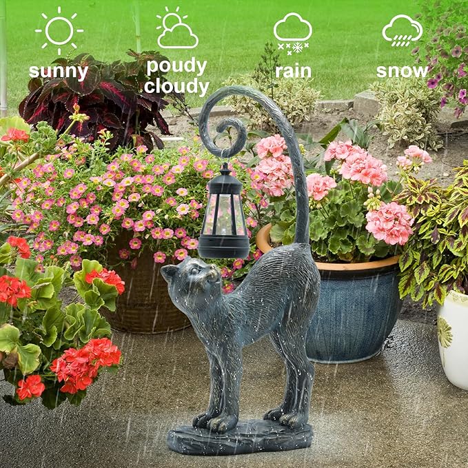 Resin Cat Statue with Solar Lantern, Eye-catching Garden Sculpture Decor，15.3" Height Outdoor Figurine for Garden Yard Patio Decorations，Birthday Gifts