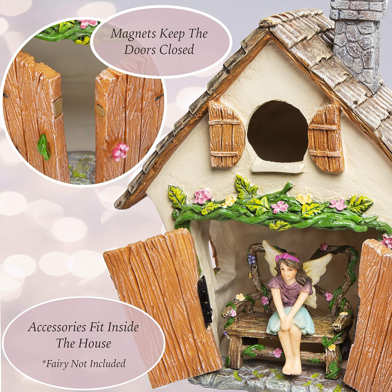 Meadow & Oak Fairy Garden House Kit - Complete with Fairy Garden Accessories, Butterly Seat, Bird Bath, Stepping Stones, Magnetic Door Closure for Indoor/Outdoor Fairy House