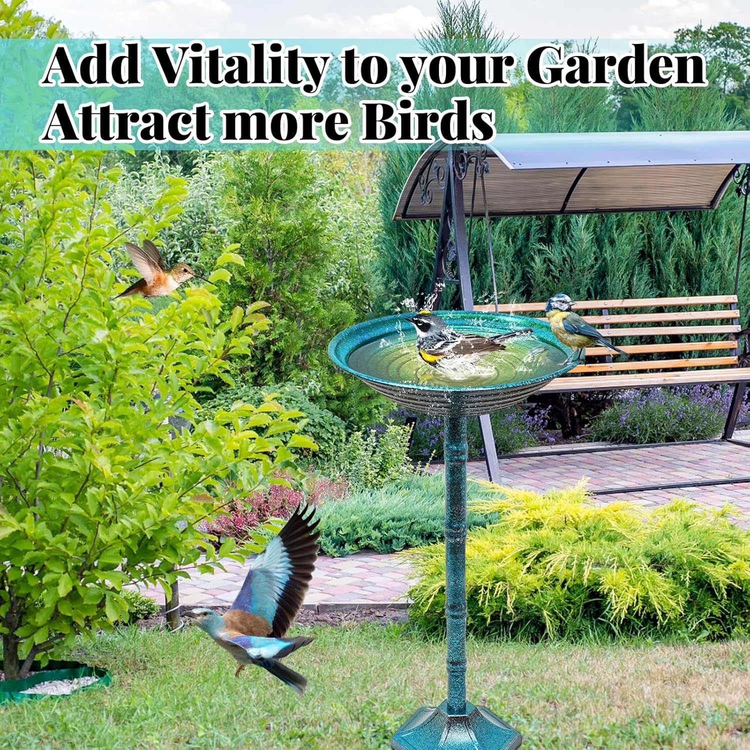 Metal Bird Bath for Outside, Freestanding Garden Metal Birdbaths with Stable Upgrades Stake, Easy to Clean Birdfeeder for Outdoors Garden Yard Lawn Decor(Blue)