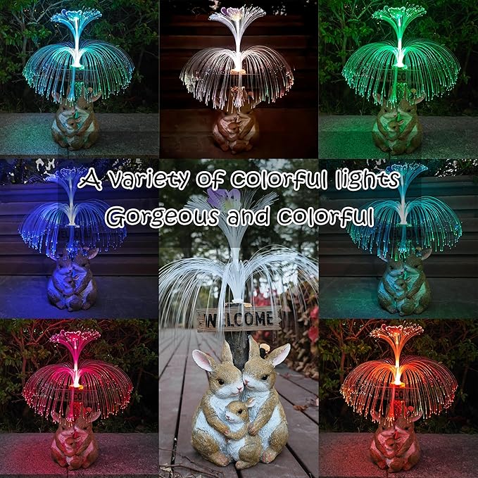 Solar Rabbit Garden Statues,Resin Rabbit Family Figurine with Welcome Card and 7-Color Changing Optical Fiber with Solar Lights, Lawn Decor Outdoor Statue for Patio,Balcony,Yard,Lawn