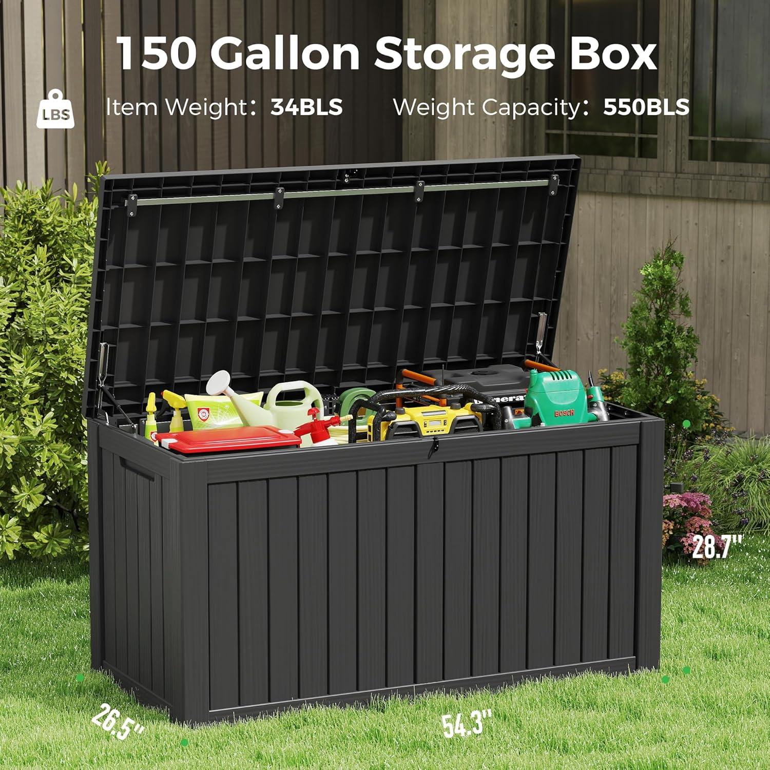 150 Gallon Resin Deck Box, Large Indoor and Outdoor Storage Box, Weatherproof and UV Resistant Outdoor Storage Box with Built-in Steel Beams for Patio, Cushions, Pool Supplies